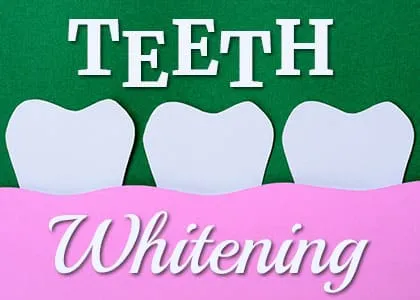 The image shows a row of teeth on a green background with the words "teeth whitening" written on it.