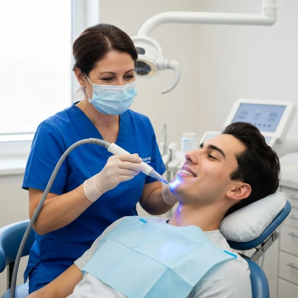 Dentist performing cold laser therapy treatment on a patient