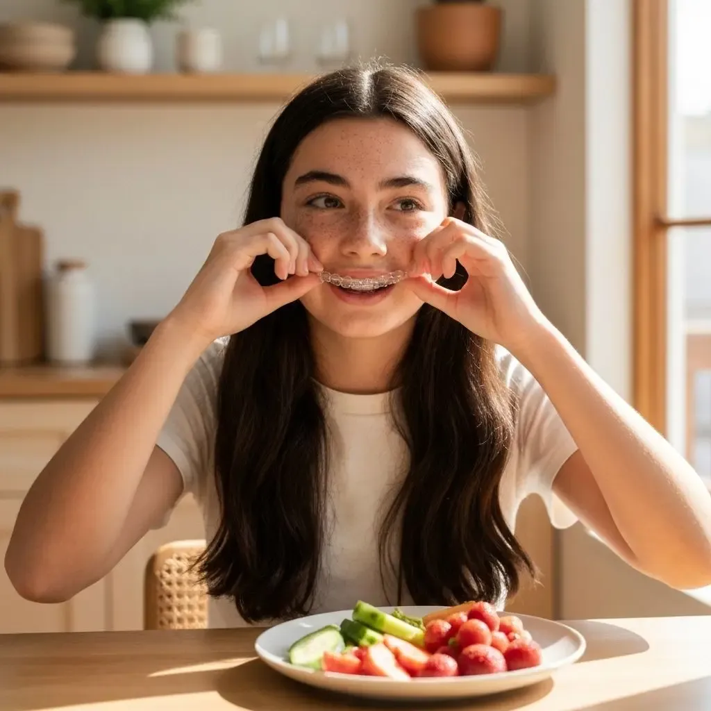 Teen removing clear aligners before eating